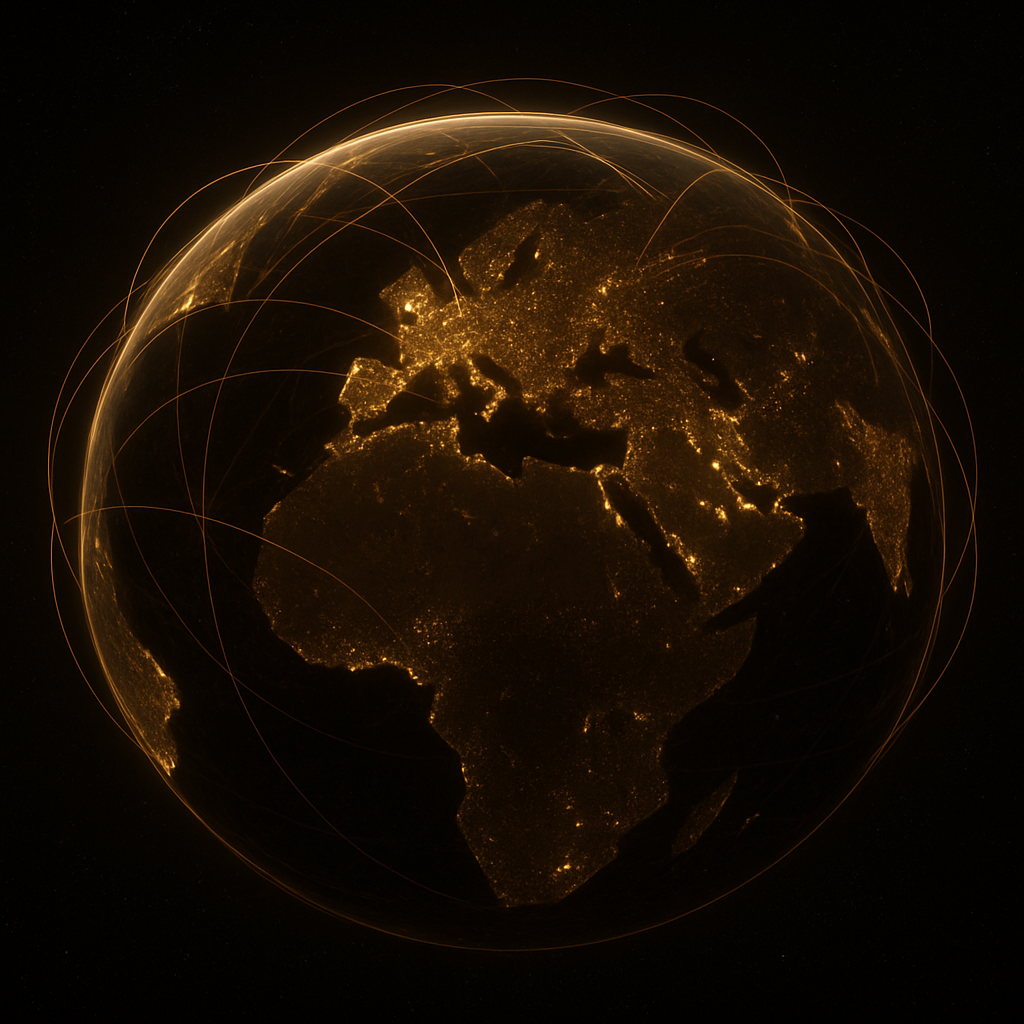 Earth at night connected by golden network lines